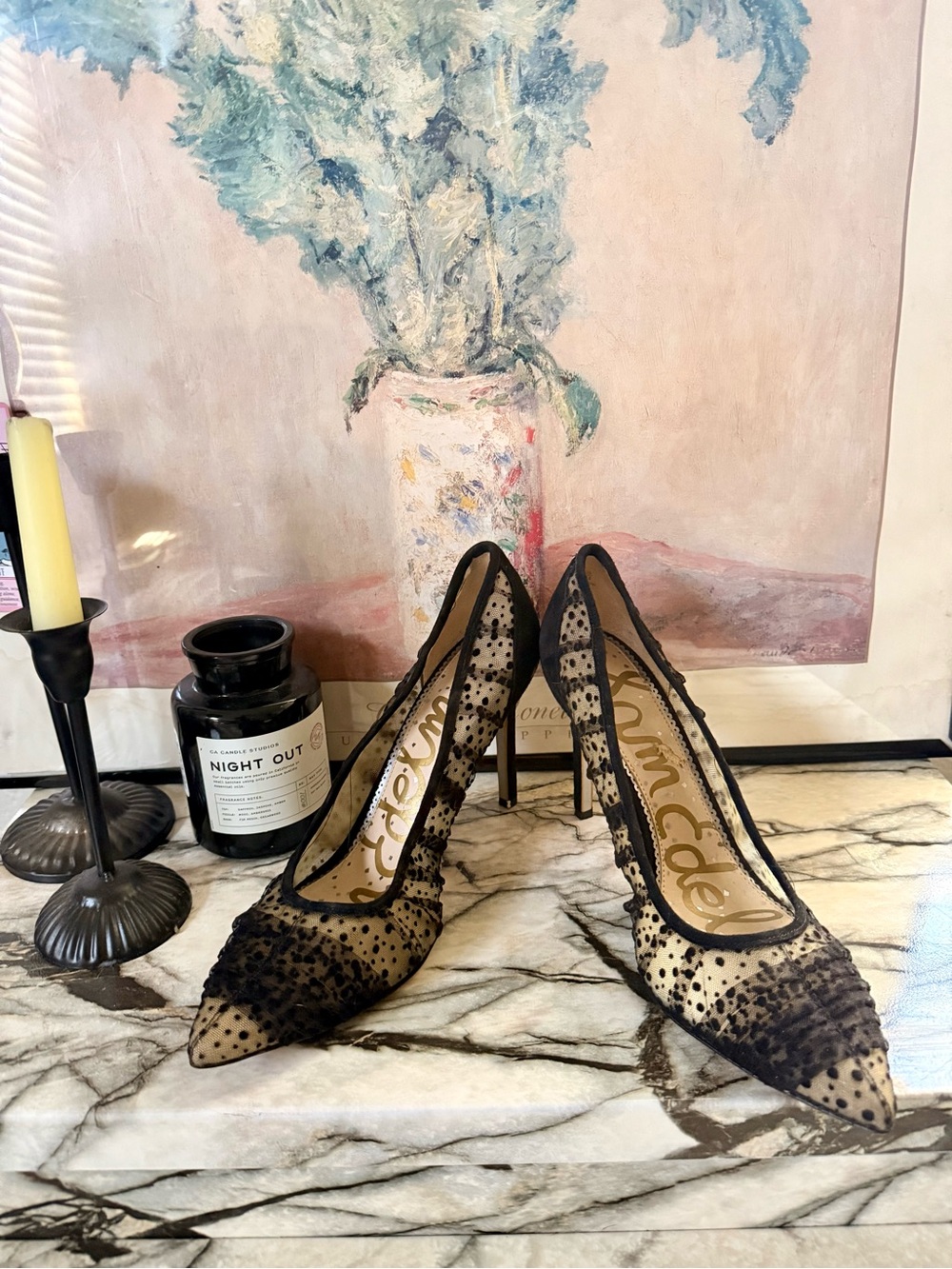 Sam Edelman Black Polka Dot Mesh Pointed-Toe Pumps with Sheer Overlay